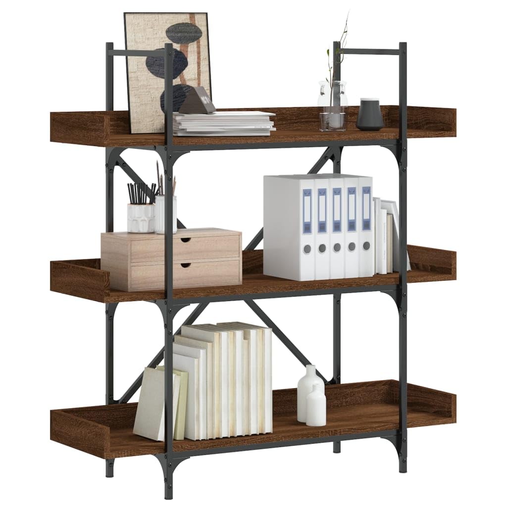 vidaXL 3-Tier Bookcase in Brown Oak - Engineered Wood Bookshelf with Metal Frame and Adjustable Feet